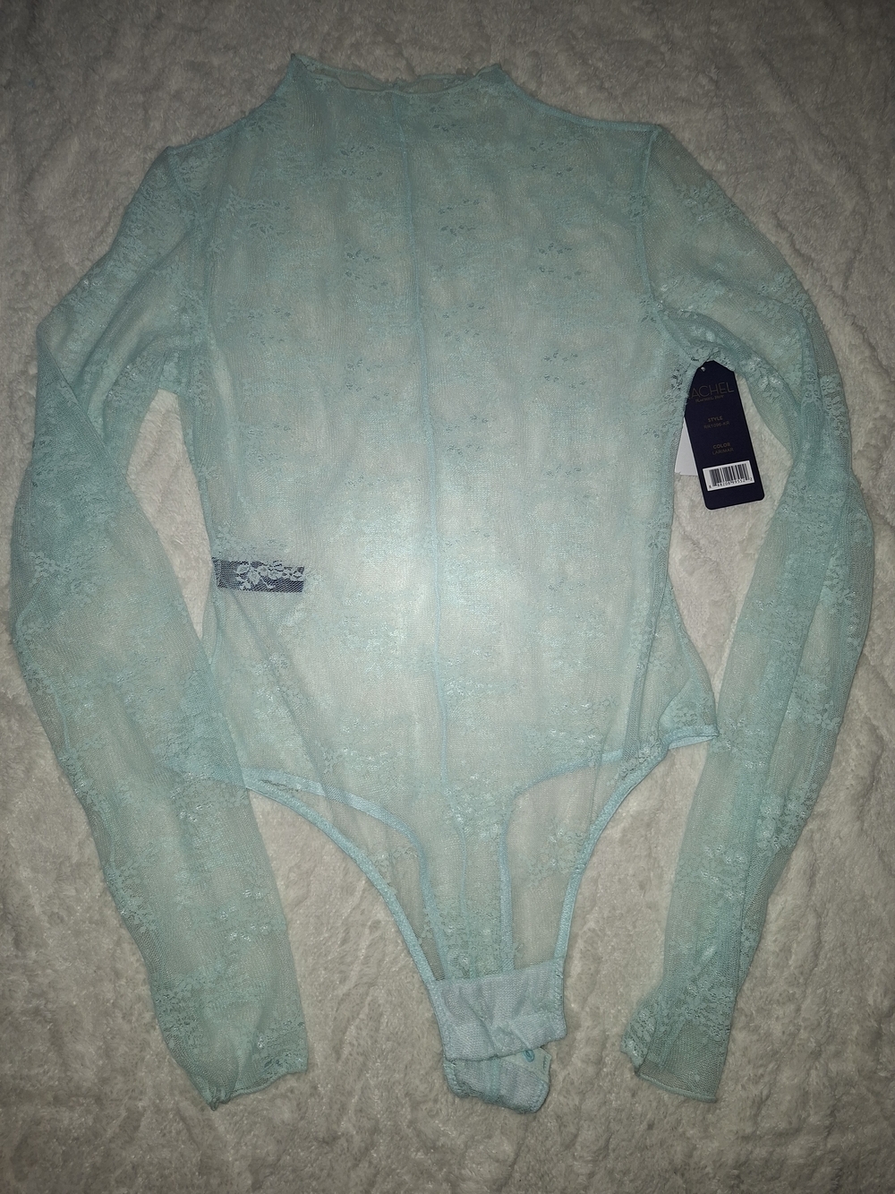 RACHEL Rachel Roy Light Blue Sheer Lace Long-Sleeve Bodysuit